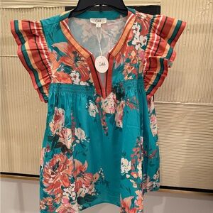 Odille Floral Ruffle Sleeve Blouse - Teal and Orange